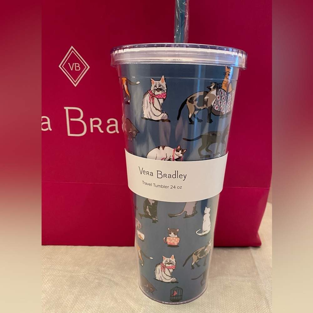 VERA BRADLEY CAT'S MEOW TRAVEL TUMBLER: New w/Tags- Pattern may vary slightly